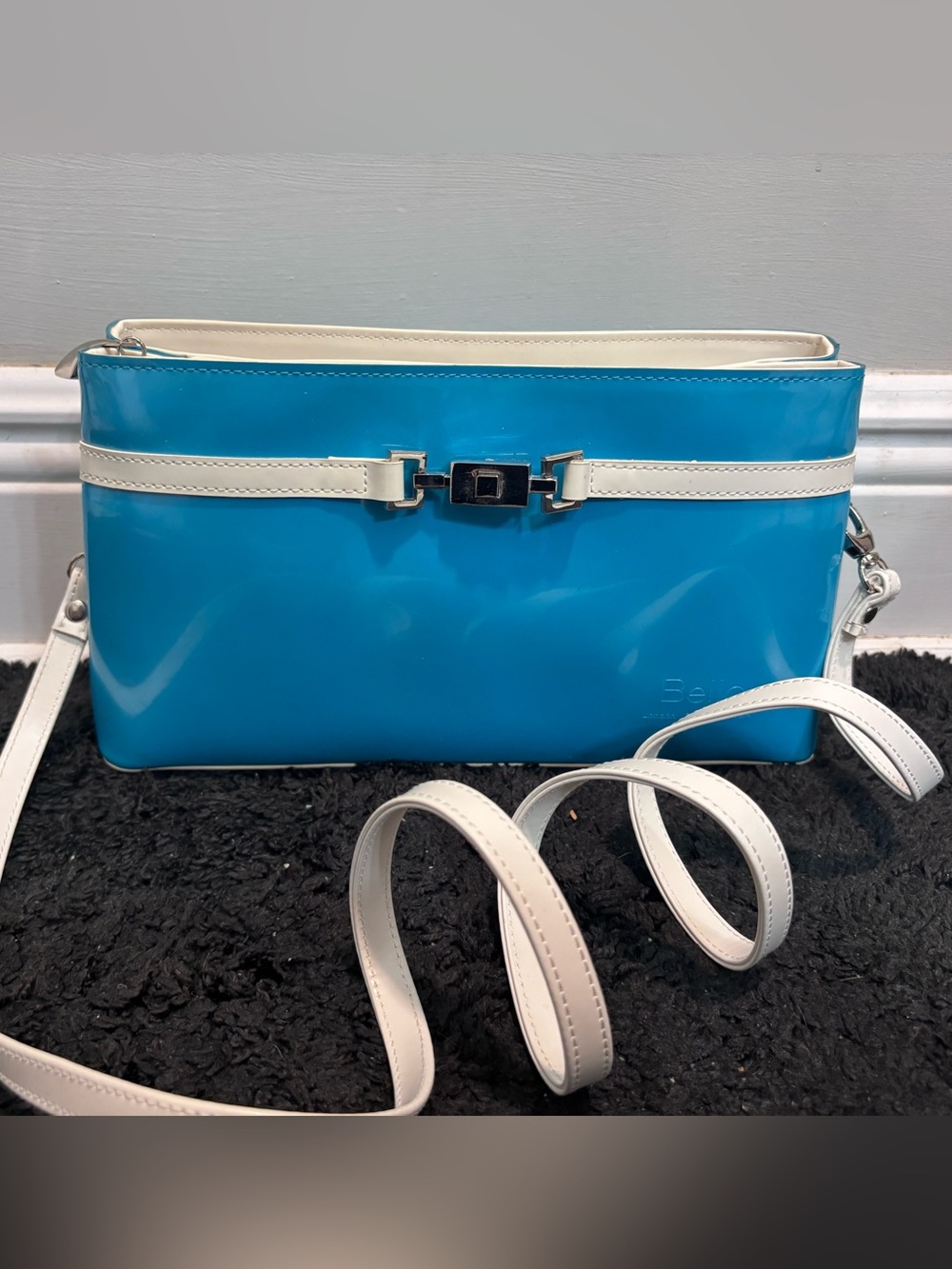 Beijo Turquoise Patent Convertible Crossbody Clutch Bag with Cream Trim